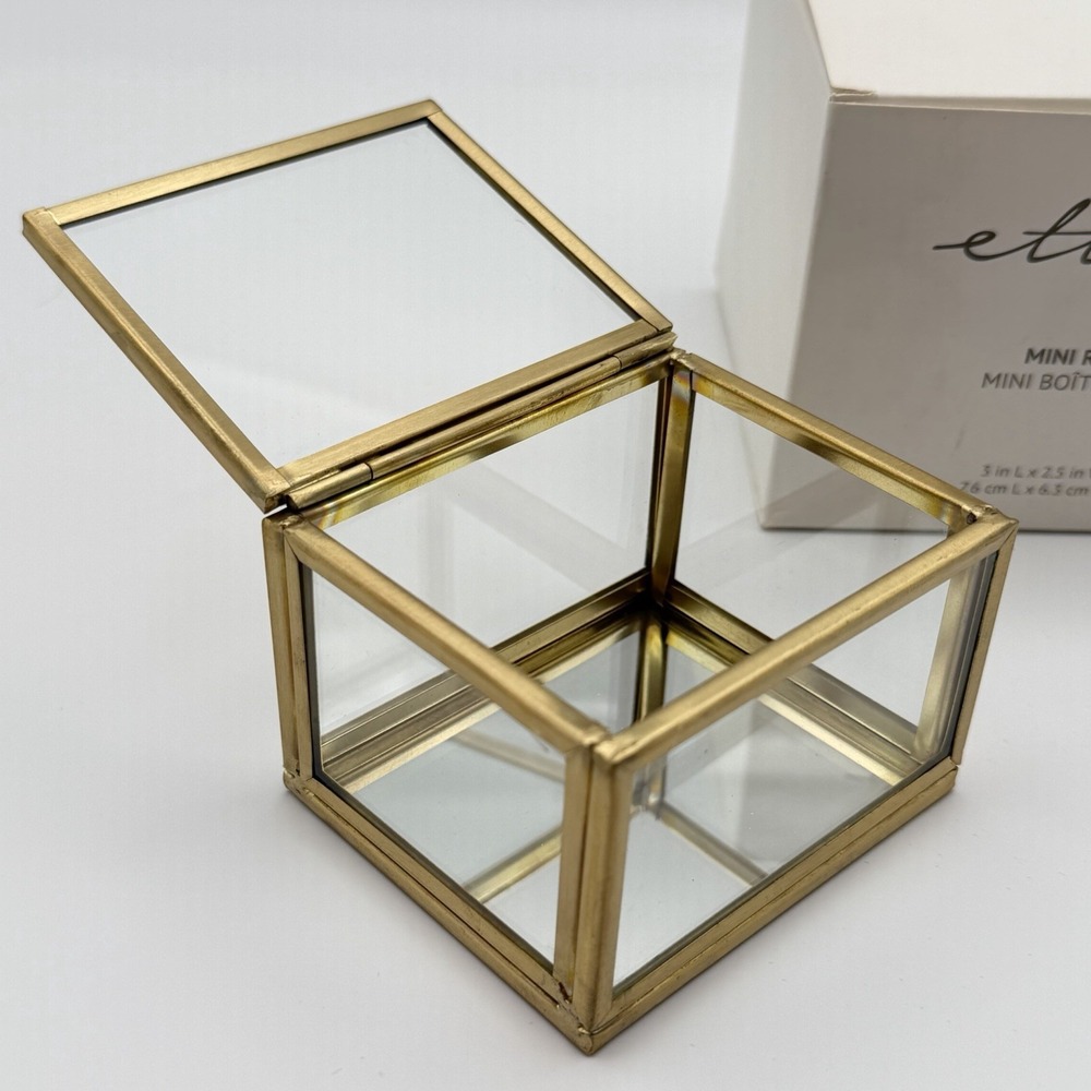 Ettika Mini‎ Ring Box Glass & Brass 3″ × 2.5″ × 2″ Display Trinket Box